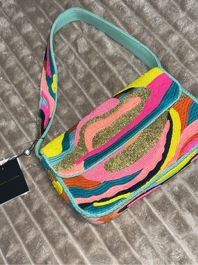 NWT Beaded - America & Beyond Vibrant Multicolor Shoulder Bag with Teal Strap